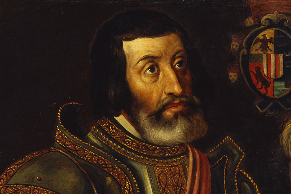 Retrato de Hernán Cortés con armadura y escudo de armas
